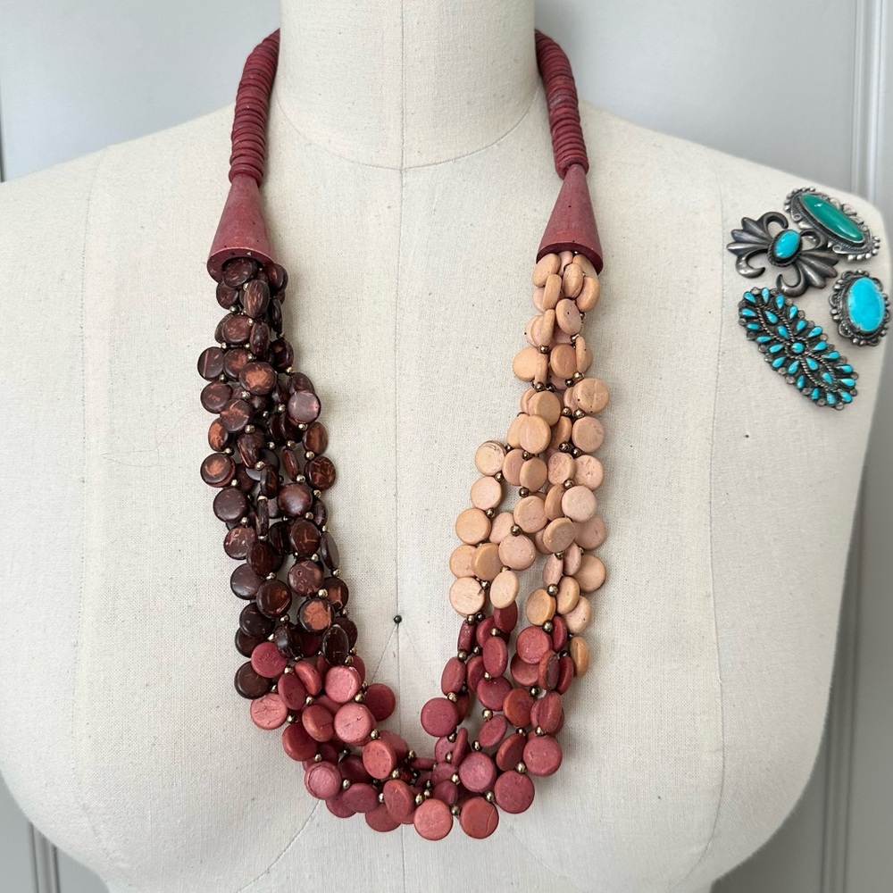 Multicolor Vintage Wood Beaded Boho Statement Necklace